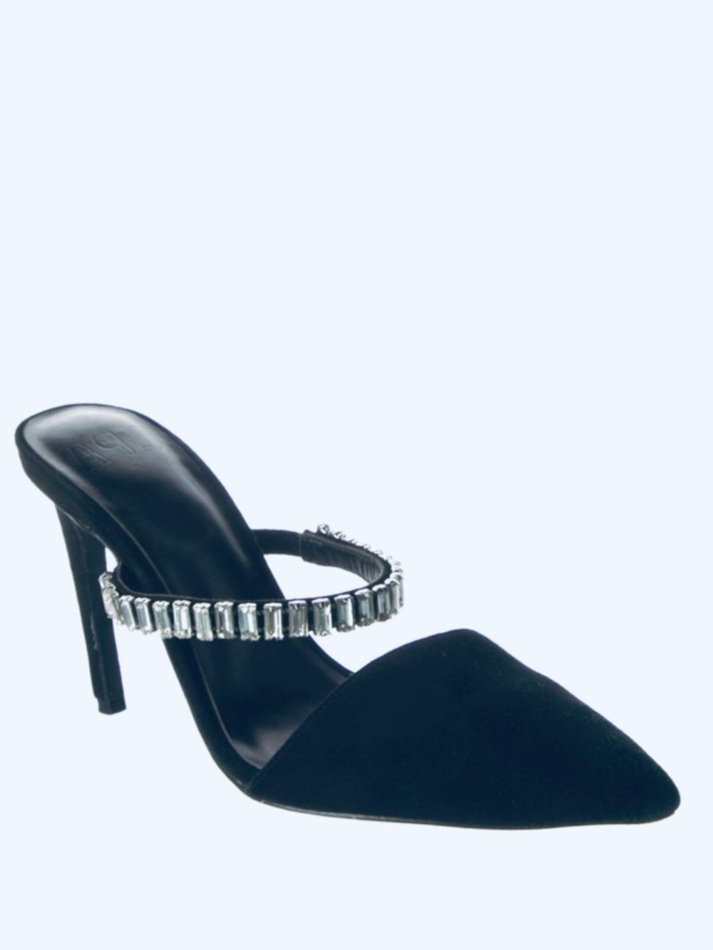LPA Black Suede Heels w Chunky Crystal Embellished Strap Classy Mules Shoes